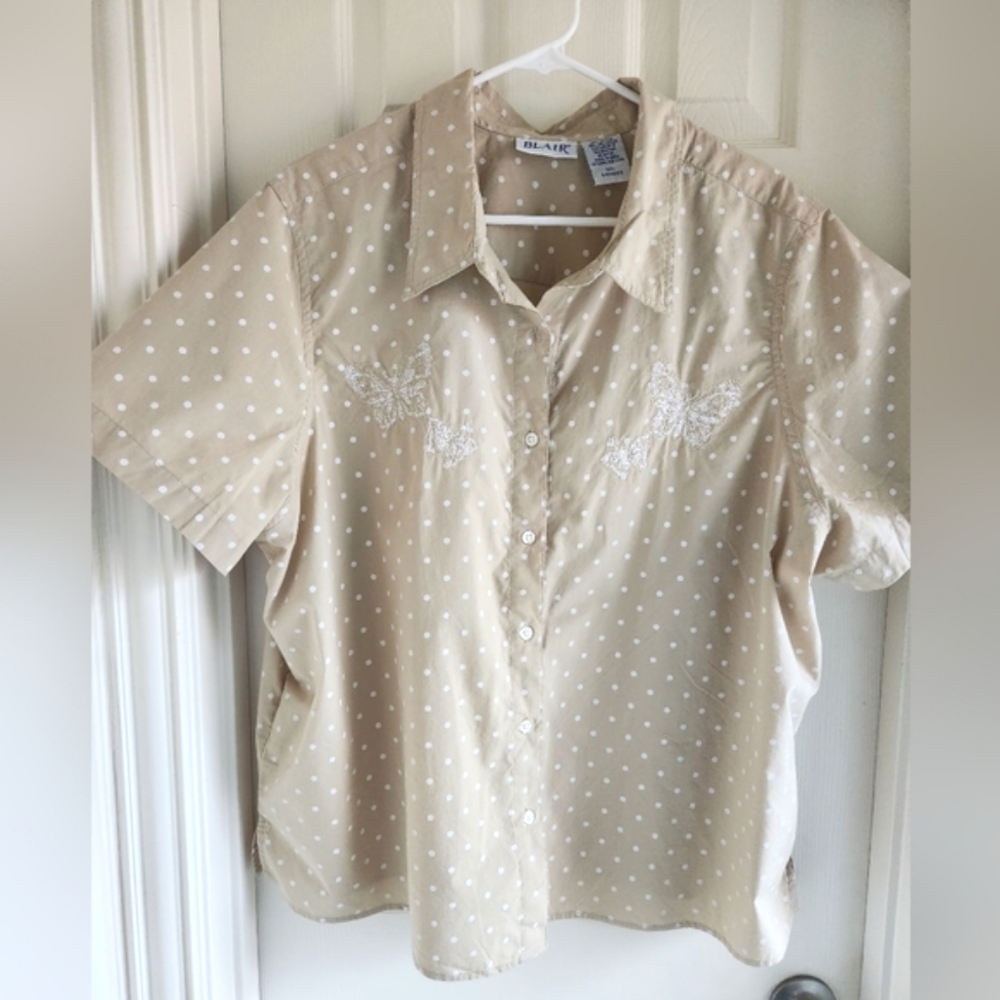 Blair Beige Polka Dot Button-Down Shirt with White Embroidery